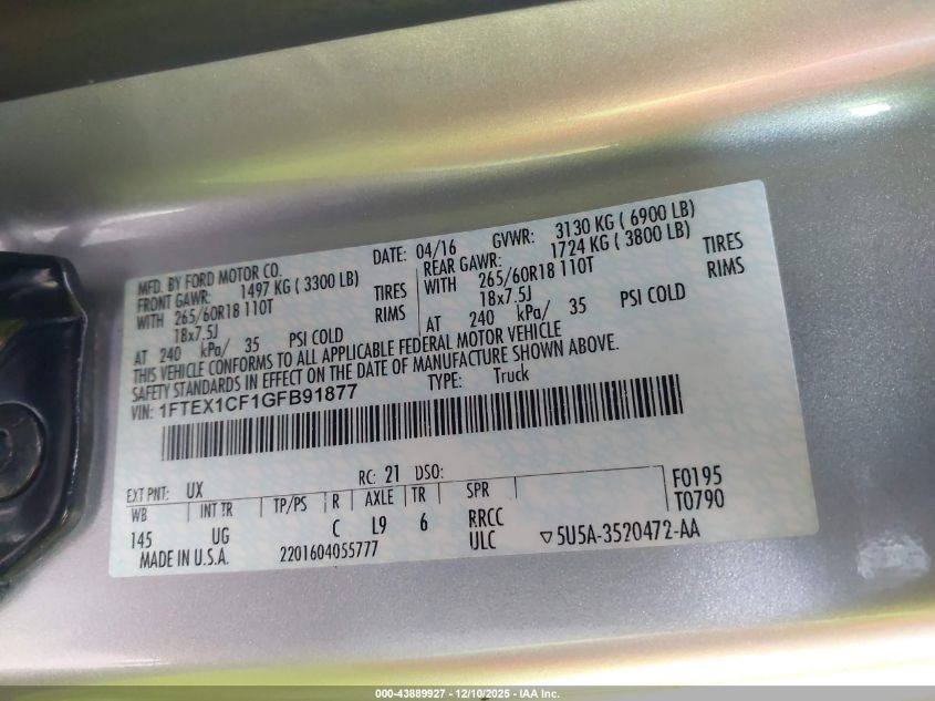 2016 Ford F-150 Xlt VIN: 1FTEX1CF1GFB91877 Lot: 43889927