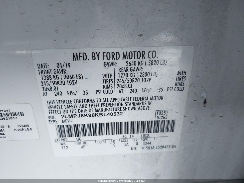 2019 Lincoln Nautilus Select VIN: 2LMPJ8K90KBL40532 Lot: 43889929