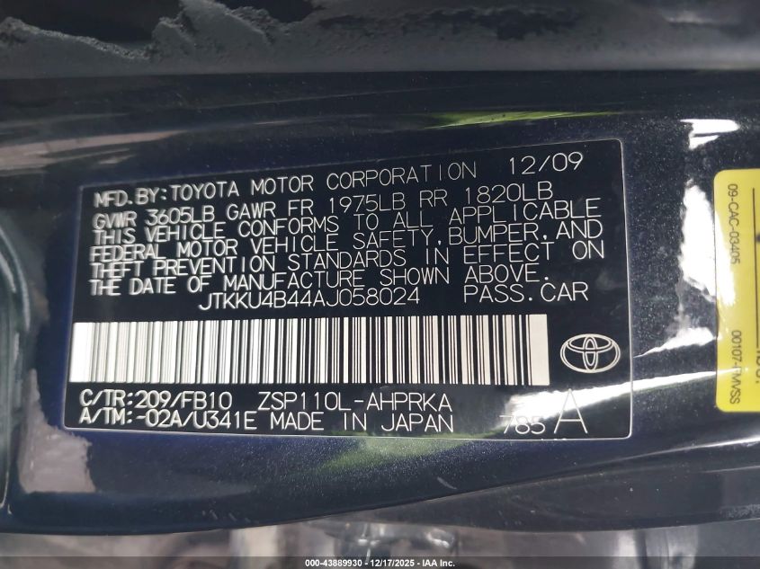 2010 Scion Xd VIN: JTKKU4B44AJ058024 Lot: 43889930