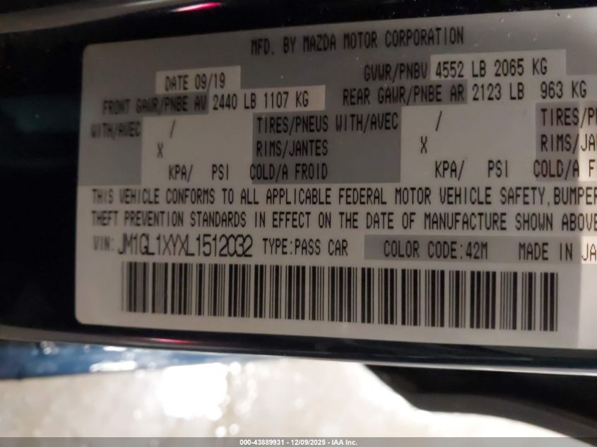 2020 Mazda Mazda6 Signature VIN: JM1GL1XYXL1512032 Lot: 43889931