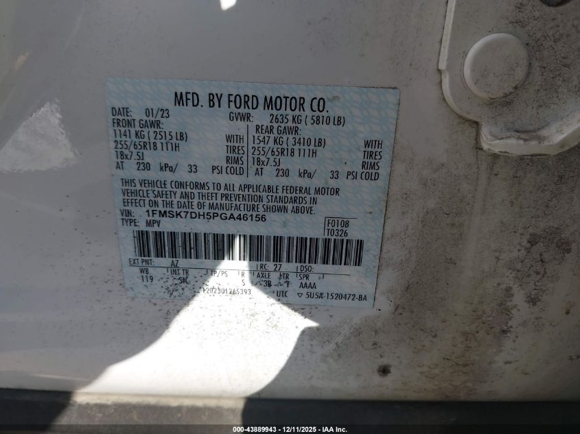 2023 Ford Explorer Xlt VIN: 1FMSK7DH5PGA46156 Lot: 43889943