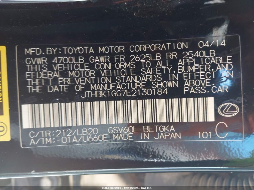 2014 Lexus Es 350 VIN: JTHBK1GG7E2130184 Lot: 43889949