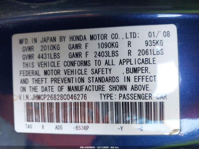 2008 Honda Accord 2.4 Ex-L VIN: JHMCP26828C046276 Lot: 43889955