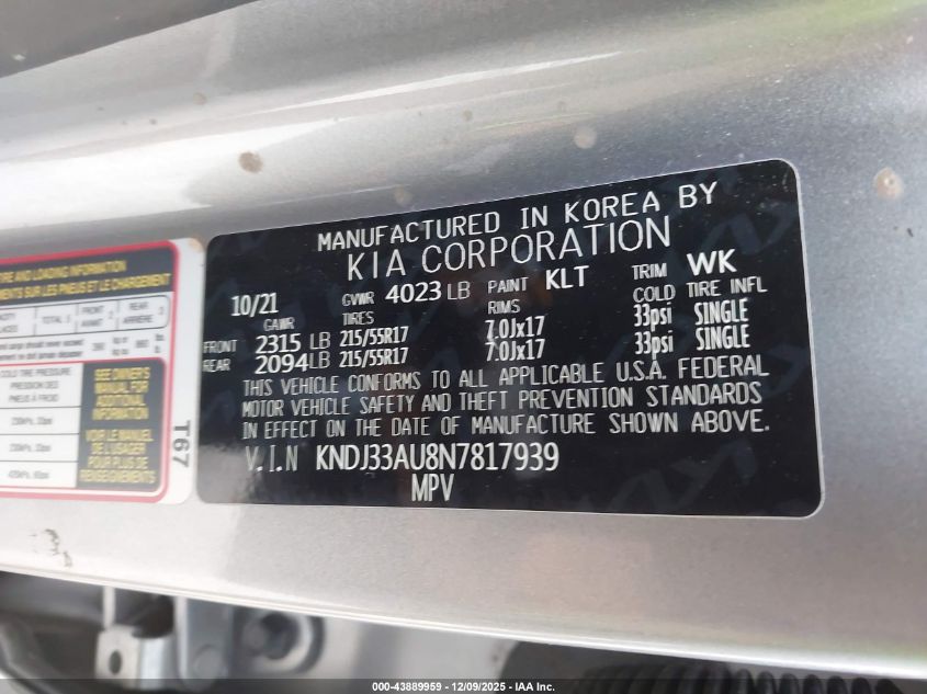 2022 Kia Soul Ex VIN: KNDJ33AU8N7817939 Lot: 43889959