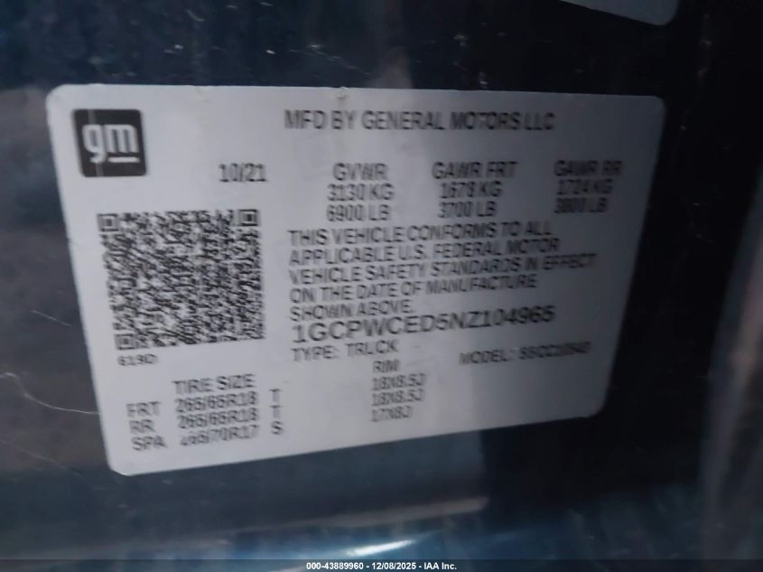 2022 Chevrolet Silverado 1500 Ltd 2Wd Short Bed Lt VIN: 1GCPWCED5NZ104965 Lot: 43889960