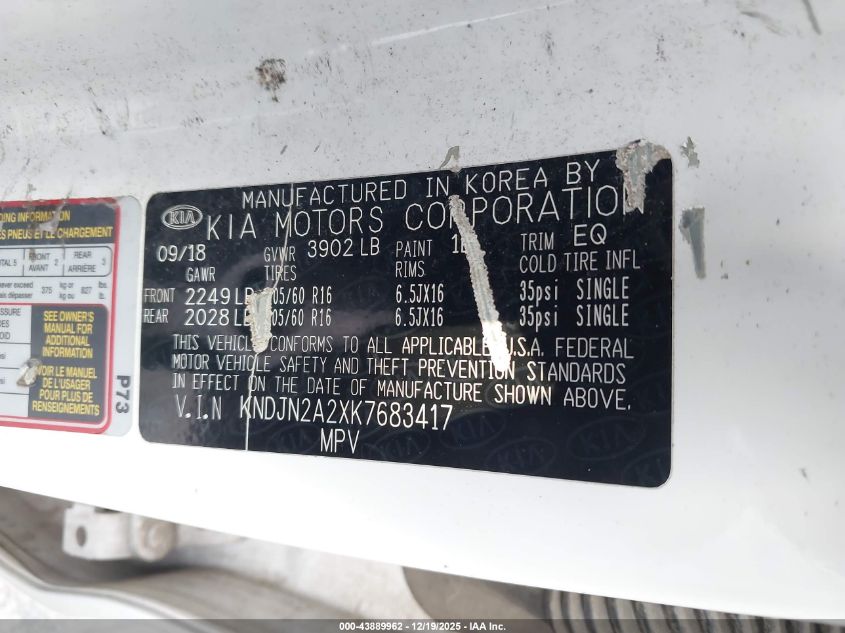 2019 Kia Soul VIN: KNDJN2A2XK7683417 Lot: 43889962