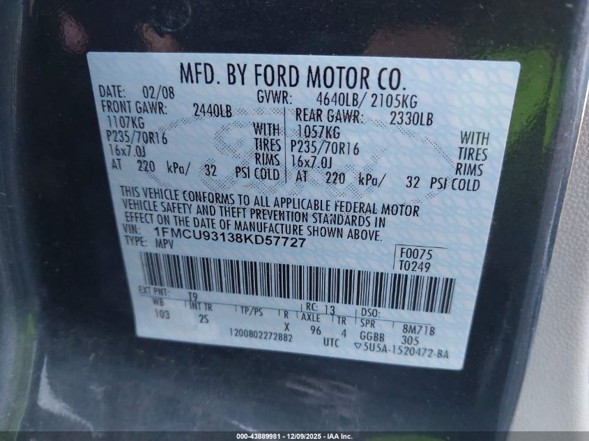 2008 Ford Escape Xlt VIN: 1FMCU93138KD57727 Lot: 43889981