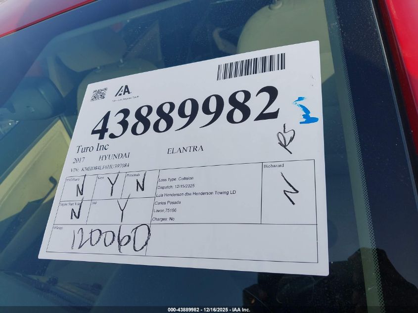 2017 Hyundai Elantra Value Edition VIN: KMHD84LF6HU397084 Lot: 43889982