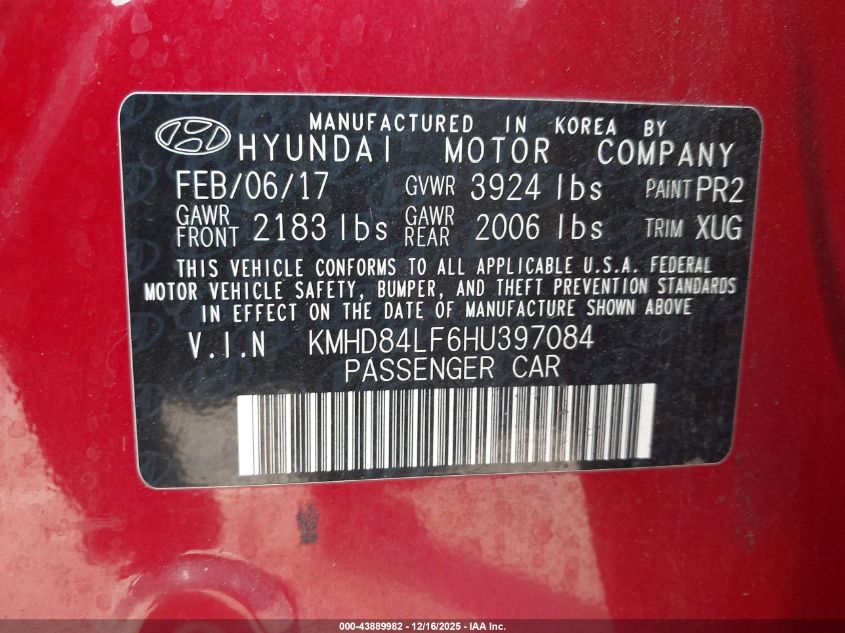 2017 Hyundai Elantra Value Edition VIN: KMHD84LF6HU397084 Lot: 43889982