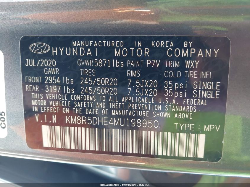 2021 Hyundai Palisade Limited VIN: KM8R5DHE4MU198950 Lot: 43889989