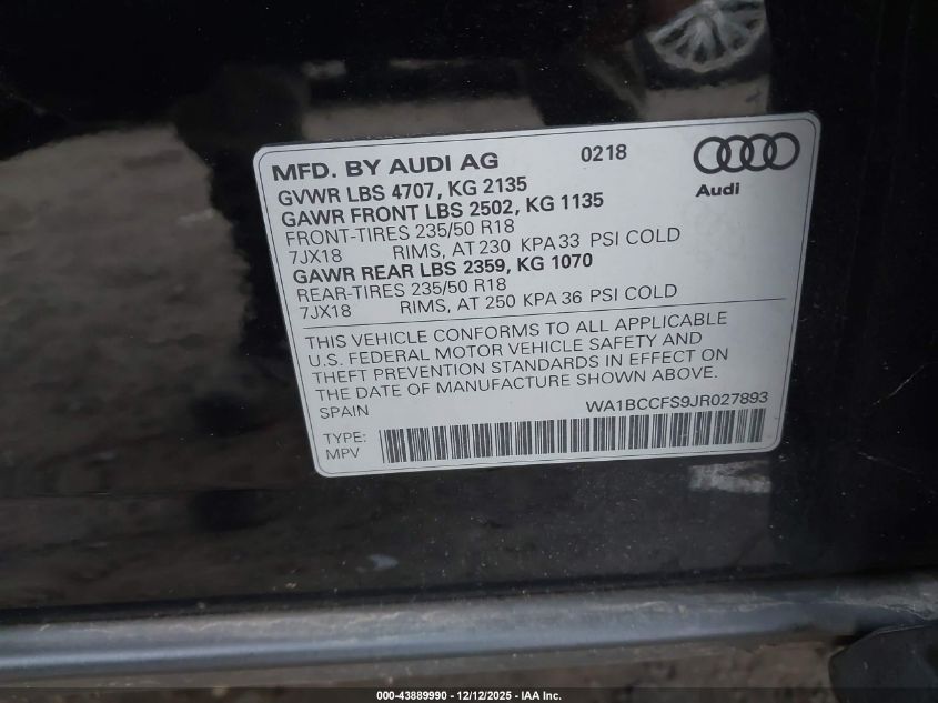 2018 Audi Q3 2.0T Premium/2.0T Sport Premium VIN: WA1BCCFS9JR027893 Lot: 43889990