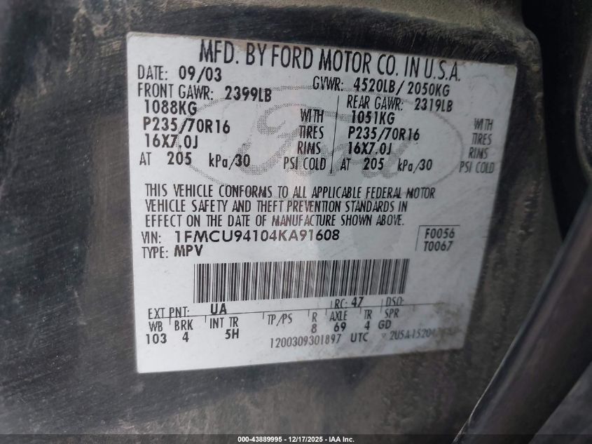 2004 Ford Escape Limited VIN: 1FMCU94104KA91608 Lot: 43889995