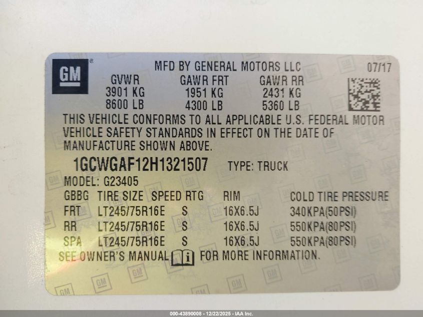 2017 Chevrolet Express 2500 Work Van VIN: 1GCWGAF12H1321507 Lot: 43890008