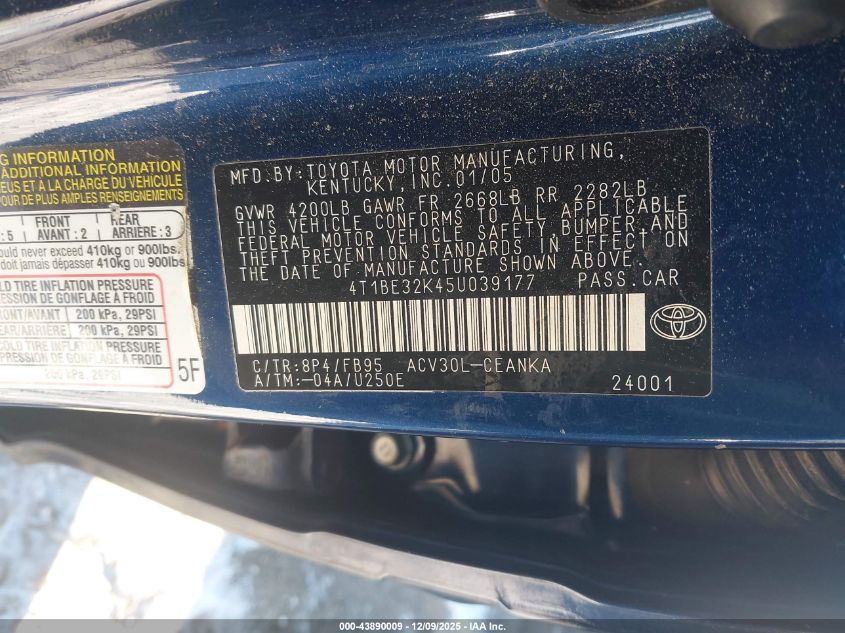 2005 Toyota Camry Le VIN: 4T1BE32K45U039177 Lot: 43890009