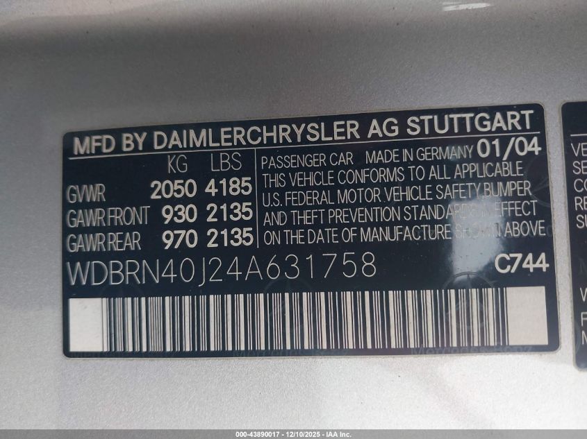 2004 Mercedes-Benz C 230 Kompressor Sport VIN: WDBRN40J24A631758 Lot: 43890017