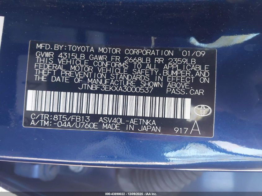 2010 Toyota Camry VIN: JTNBF3EKXA3000537 Lot: 43890022