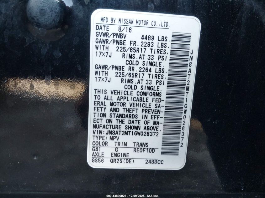 2016 Nissan Rogue S VIN: JN8AT2MT1GW026372 Lot: 43890026