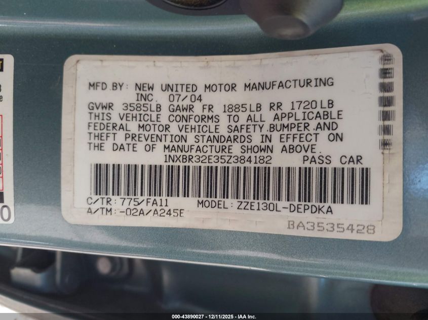 2005 Toyota Corolla Ce VIN: 1NXBR32E35Z384182 Lot: 43890027