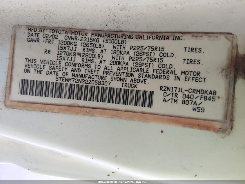 5TEWM72N22Z058307 2002 TOYOTA TACOMA photo no. 9