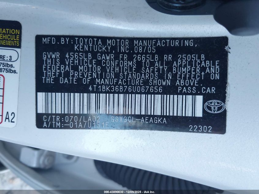 2006 Toyota Avalon Xls VIN: 4T1BK36B76U067656 Lot: 43890030