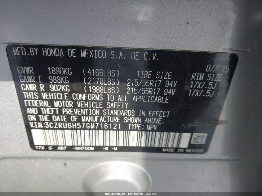 2016 Honda Hr-V Ex VIN: 3CZRU6H57GM716121 Lot: 43890032