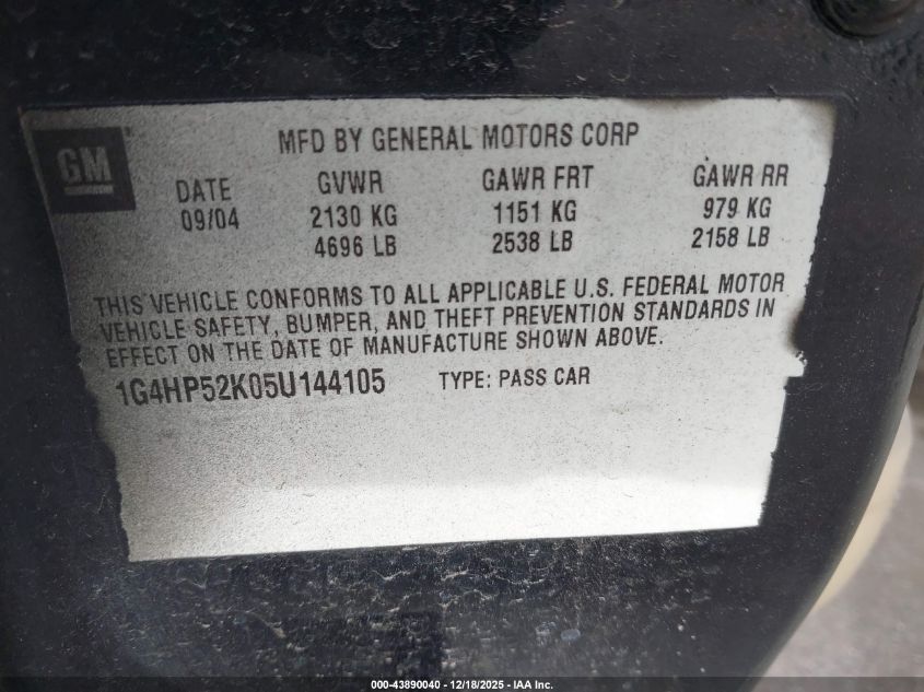 2005 Buick Lesabre Custom VIN: 1G4HP52K05U144105 Lot: 43890040