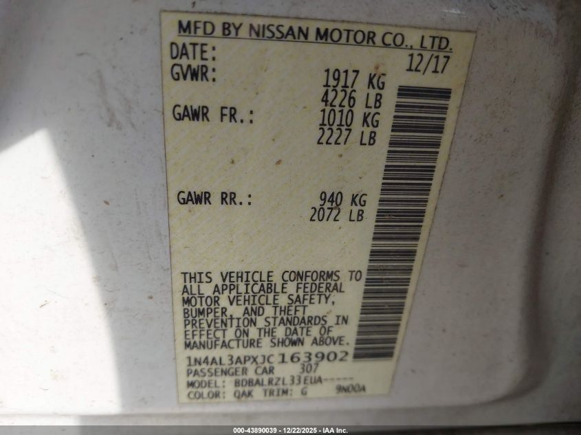 2018 Nissan Altima 2.5 Sl VIN: 1N4AL3APXJC163902 Lot: 43890039