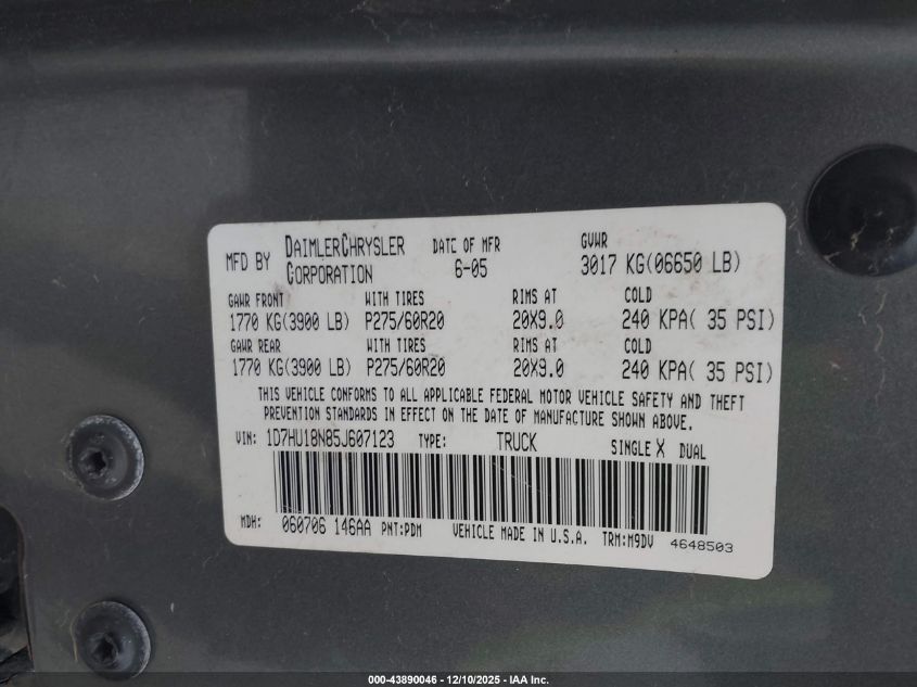 2005 Dodge Ram 1500 Slt/Laramie VIN: 1D7HU18N85J607123 Lot: 43890046