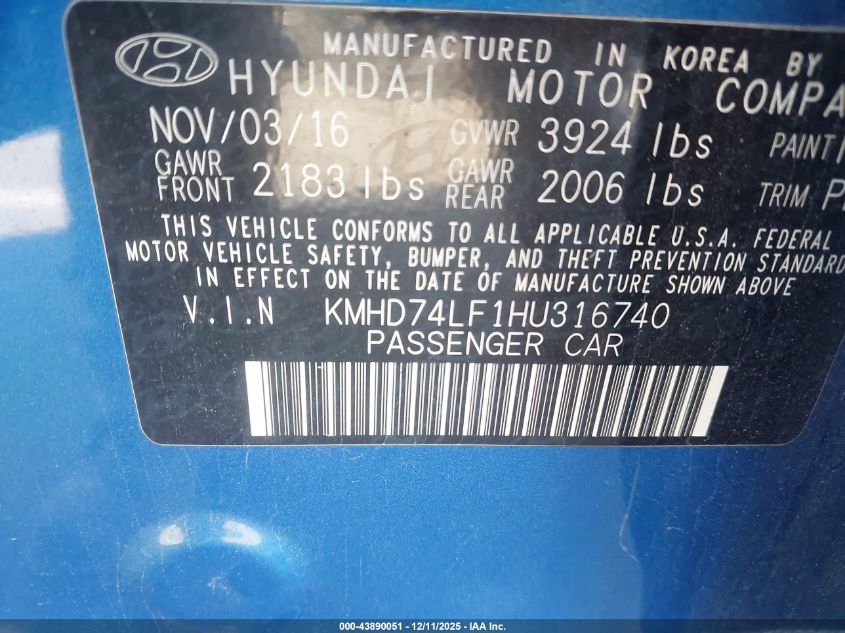 2017 Hyundai Elantra Se VIN: KMHD74LF1HU316740 Lot: 43890051