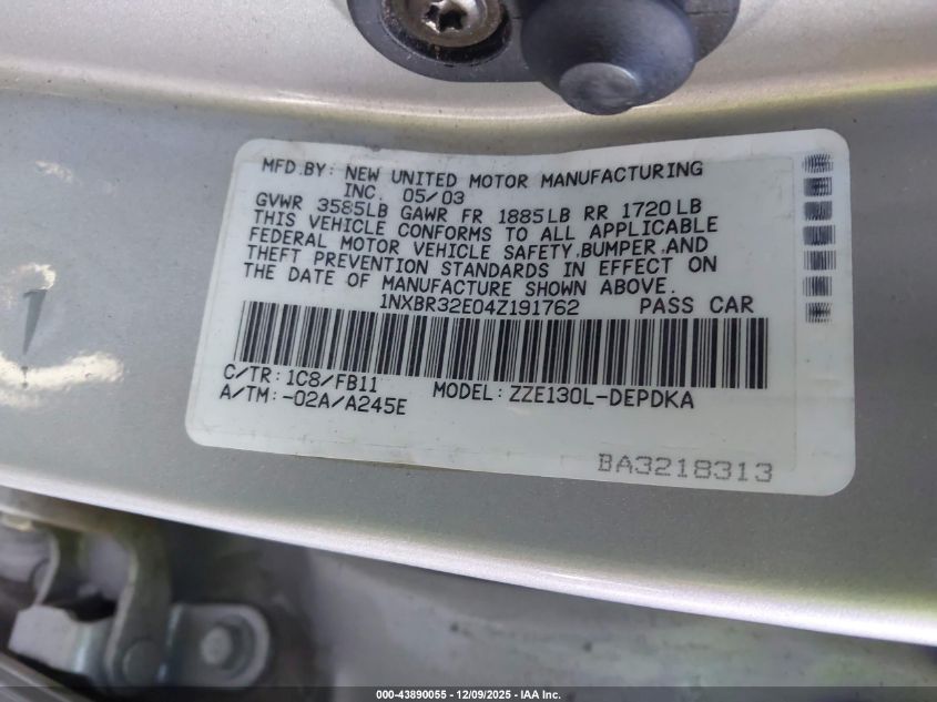 2004 Toyota Corolla Ce VIN: 1NXBR32E04Z191762 Lot: 43890055