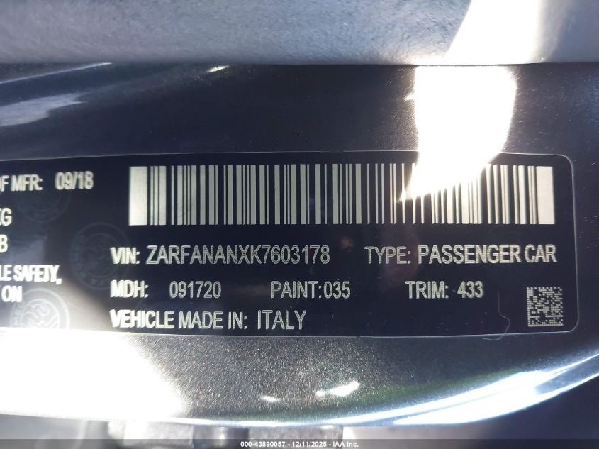 2019 Alfa Romeo Giulia Awd VIN: ZARFANANXK7603178 Lot: 43890057