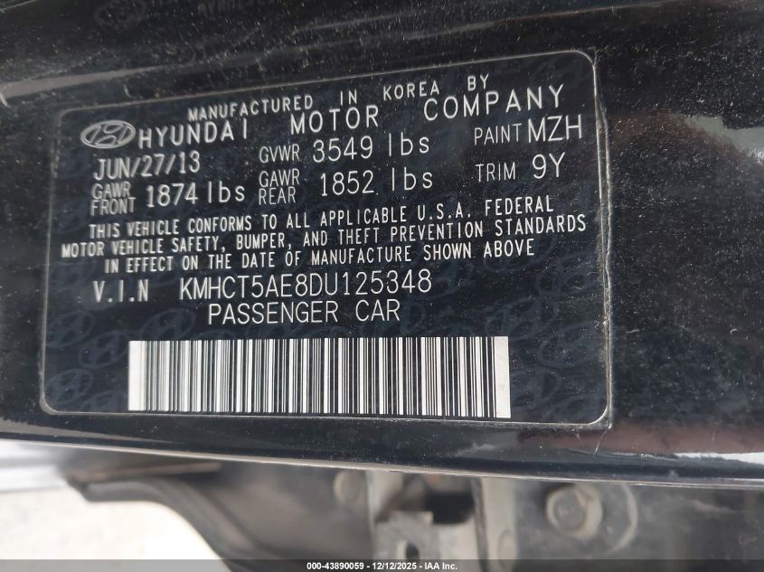 2013 Hyundai Accent Gs VIN: KMHCT5AE8DU125348 Lot: 43890059