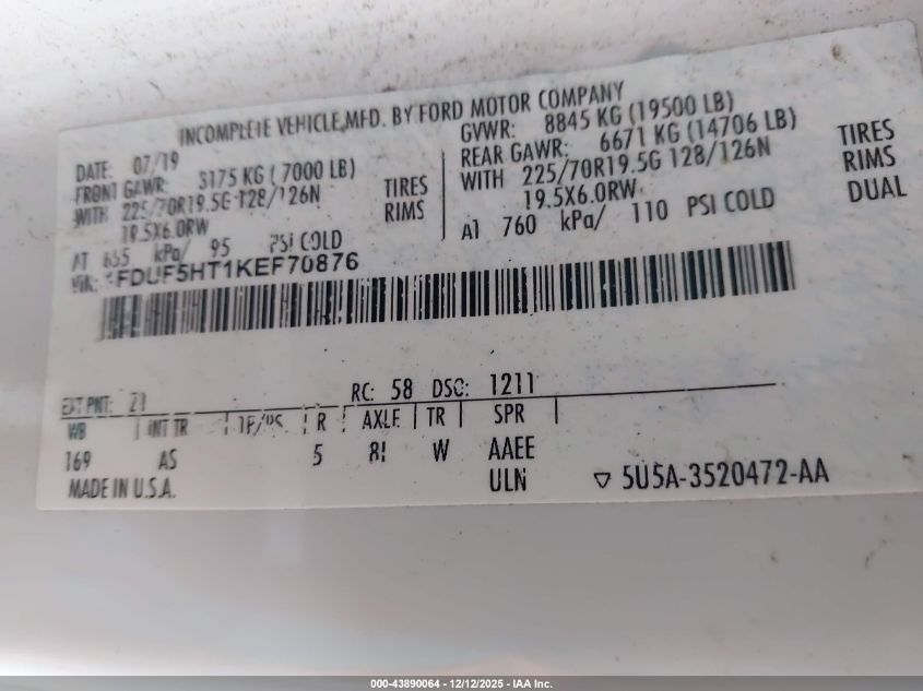 2019 Ford F-550 Chassis Xl VIN: 1FDUF5HT1KEF70876 Lot: 43890064