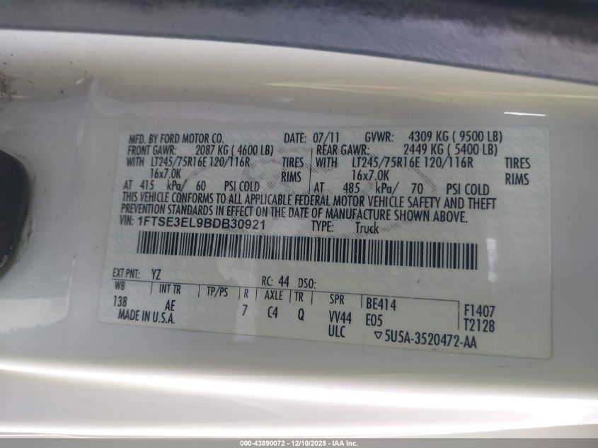 2011 Ford E-350 Super Duty Commercial VIN: 1FTSE3EL9BDB30921 Lot: 43890072
