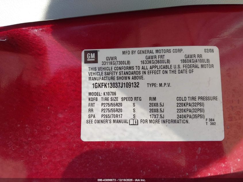 2007 GMC Yukon Slt VIN: 1GKFK13037J109132 Lot: 43890073