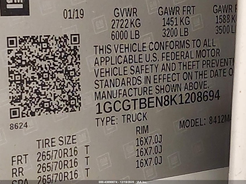 VIN 1GCGTBEN8K1208694 2019 CHEVROLET COLORADO WT