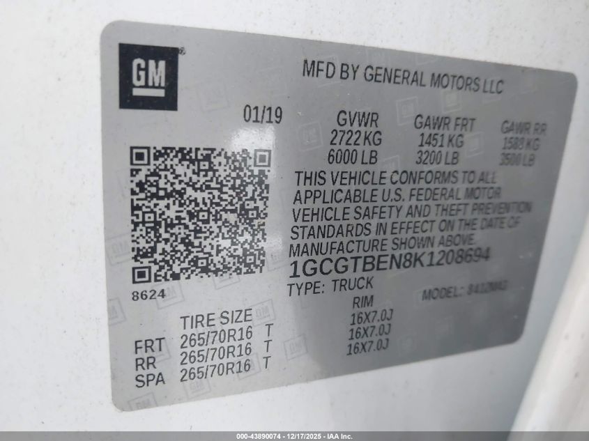 2019 Chevrolet Colorado Wt VIN: 1GCGTBEN8K1208694 Lot: 43890074