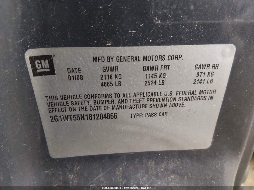 2G1WT55N181204866 2008 CHEVROLET IMPALA photo no. 9