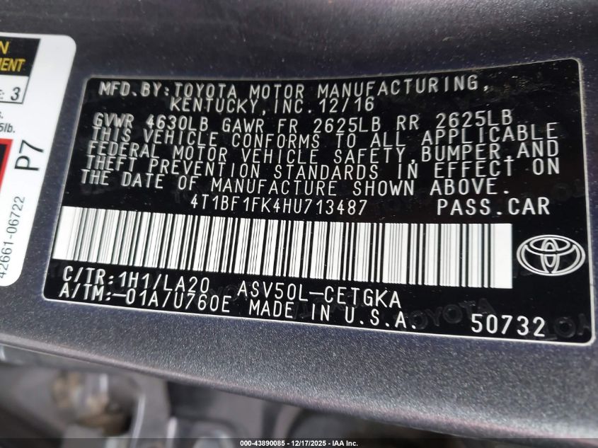 2017 Toyota Camry Xle VIN: 4T1BF1FK4HU713487 Lot: 43890085