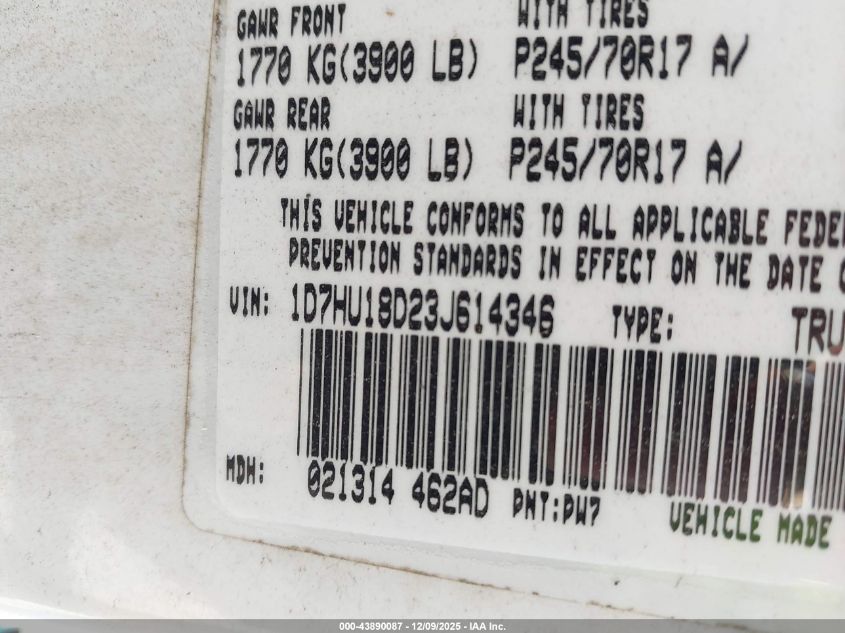 2003 Dodge Ram 1500 Slt/Laramie/St VIN: 1D7HU18D23J614346 Lot: 43890087