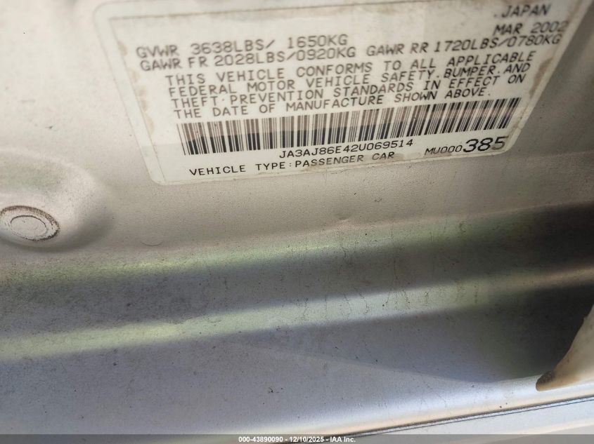 2002 Mitsubishi Lancer Oz Rally VIN: JA3AJ86E42U069514 Lot: 43890090