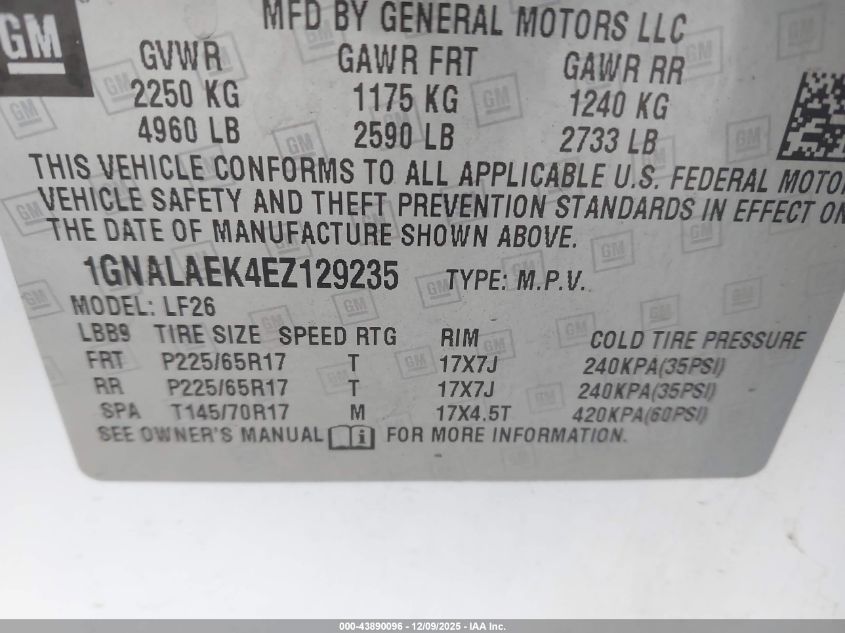 2014 Chevrolet Equinox Ls VIN: 1GNALAEK4EZ129235 Lot: 43890096