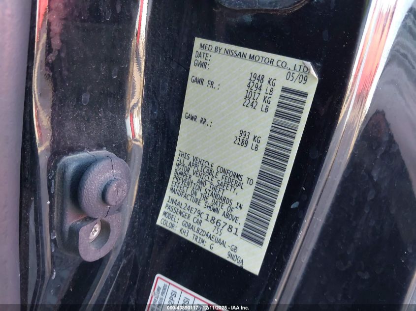 2009 Nissan Altima 2.5 S VIN: 1N4AL24E79C186781 Lot: 43890117