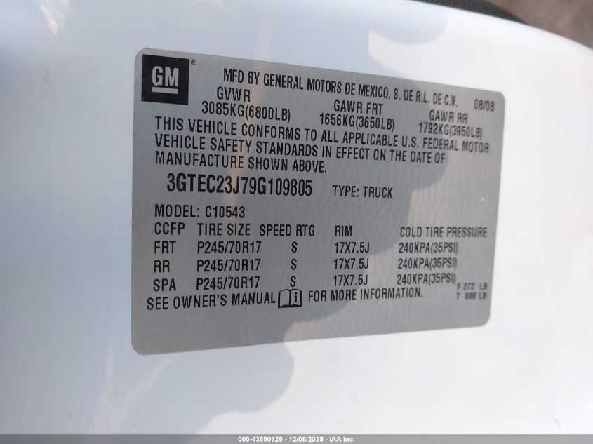 2009 GMC Sierra 1500 Sle VIN: 3GTEC23J79G109805 Lot: 43890129