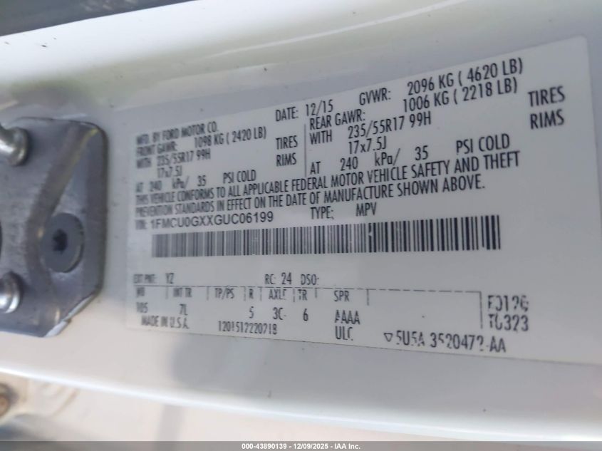 2016 Ford Escape Se VIN: 1FMCU0GXXGUC06199 Lot: 43890139