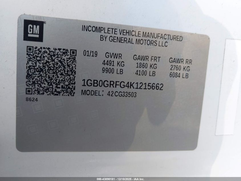 2019 Chevrolet Express Cutaway Work Van VIN: 1GB0GRFG4K1215662 Lot: 43890181