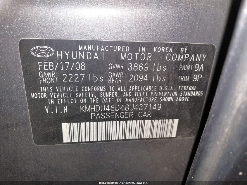 2008 Hyundai Elantra Gls/Se VIN: KMHDU46D48U437149 Lot: 43890193