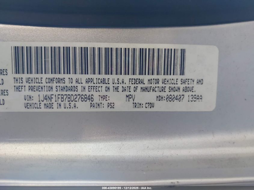 2011 Jeep Compass VIN: 1J4NF1FB7BD276846 Lot: 43890199