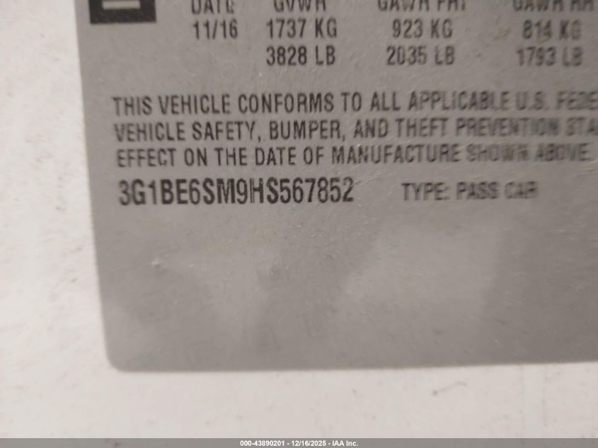 2017 Chevrolet Cruze Lt Auto VIN: 3G1BE6SM9HS567852 Lot: 43890201