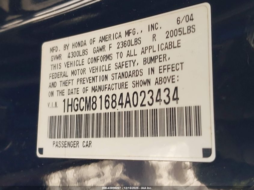 2004 Honda Accord 3.0 Ex VIN: 1HGCM81684A023434 Lot: 43890207